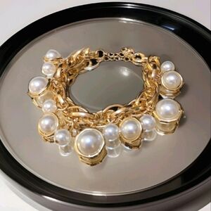 Chic Pearl Hexagon Station Gold Chain Link Bracelet